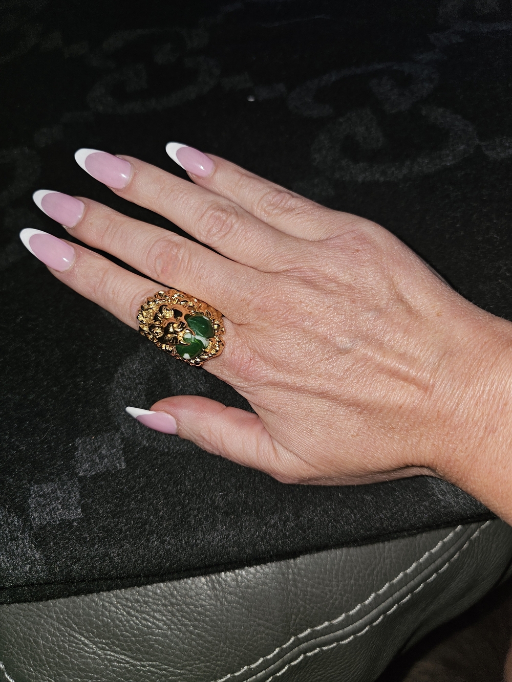 Gucci Lion Head Ring with Green & White Swarovski Crystal in its mouth